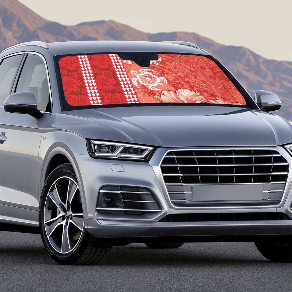 Red Hibiscus Turle Auto Sun Shade Hawaiian Style Tribal Tapa Pattern - Polynesian Pride