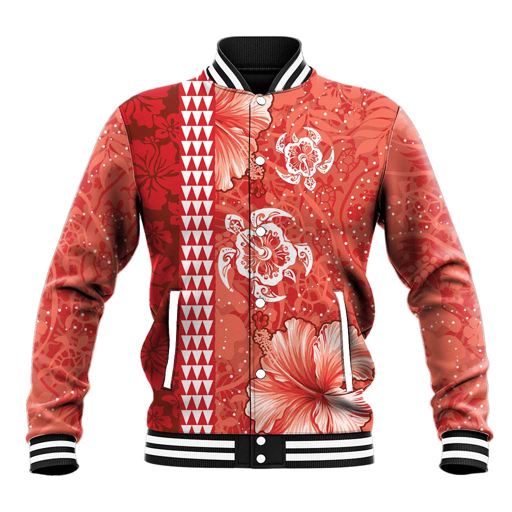 Red Hibiscus Turle Baseball Jacket Hawaiian Style Tribal Tapa Pattern