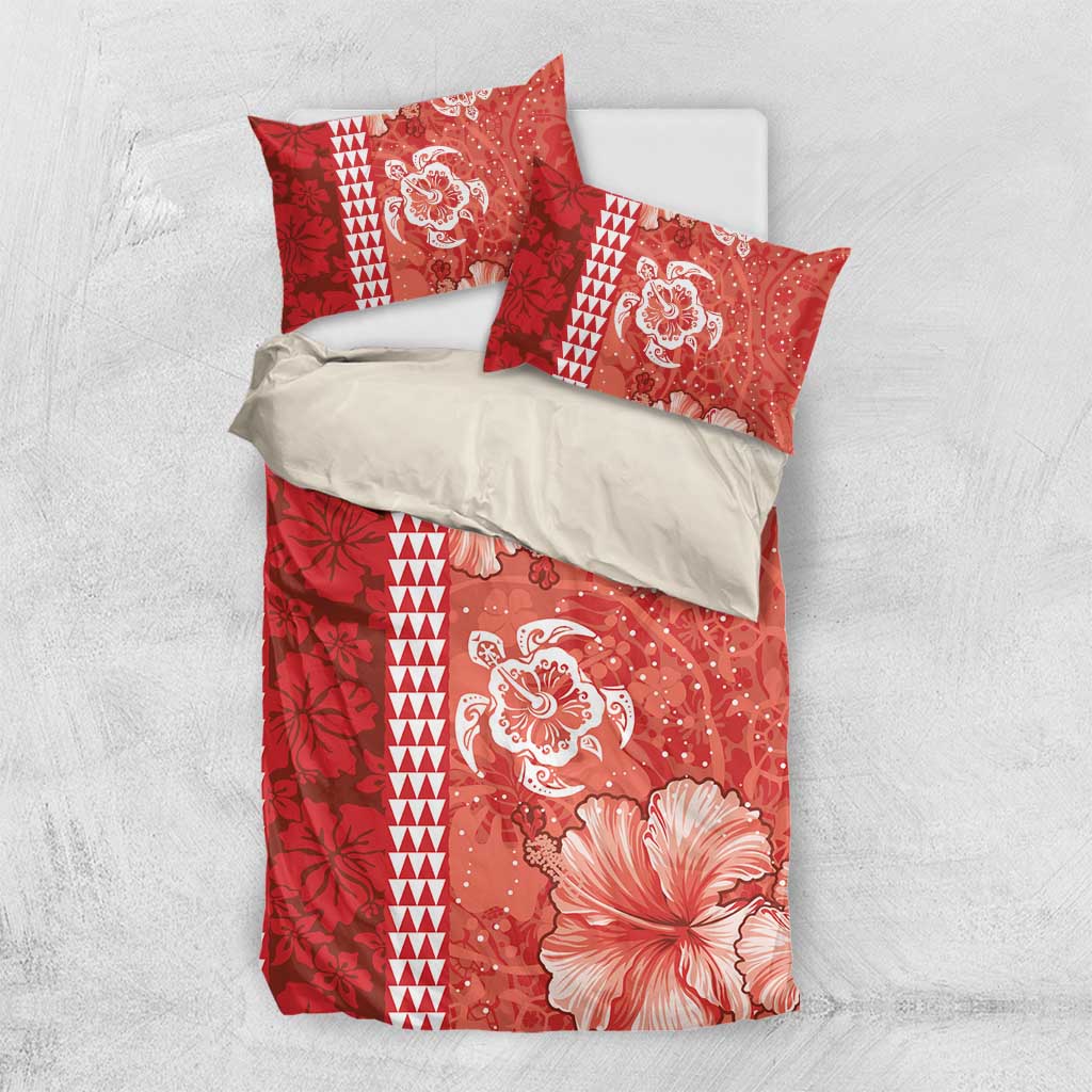 Red Hibiscus Turle Bedding Set Hawaiian Style Tribal Tapa Pattern