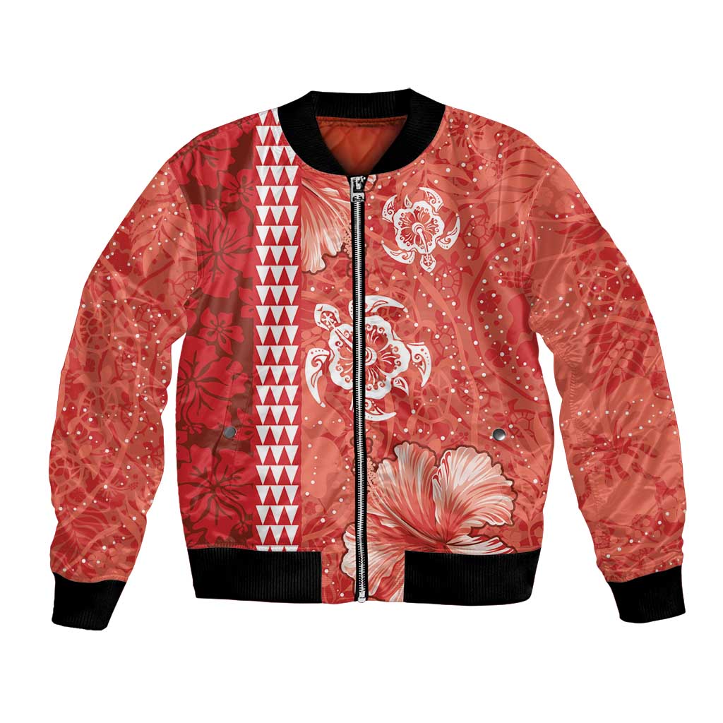 Red Hibiscus Turle Bomber Jacket Hawaiian Style Tribal Tapa Pattern