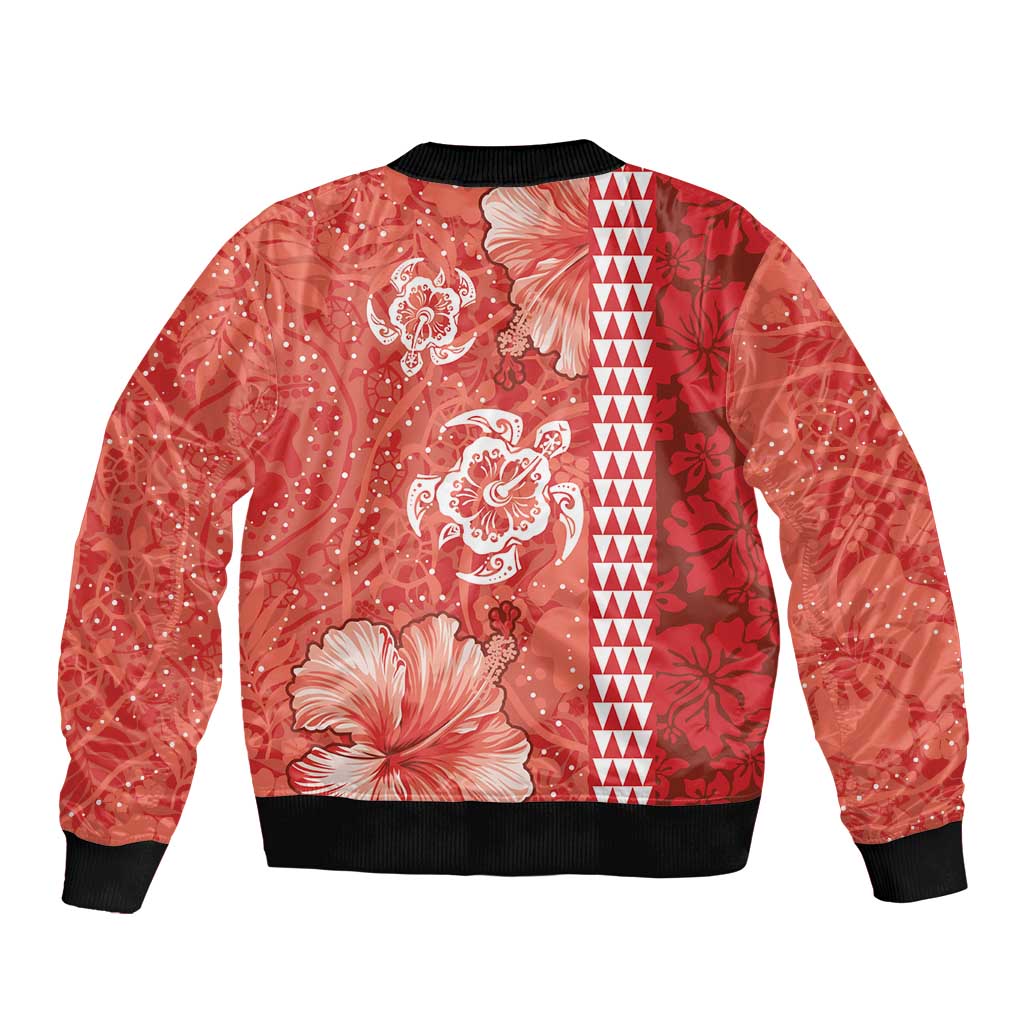 Red Hibiscus Turle Bomber Jacket Hawaiian Style Tribal Tapa Pattern