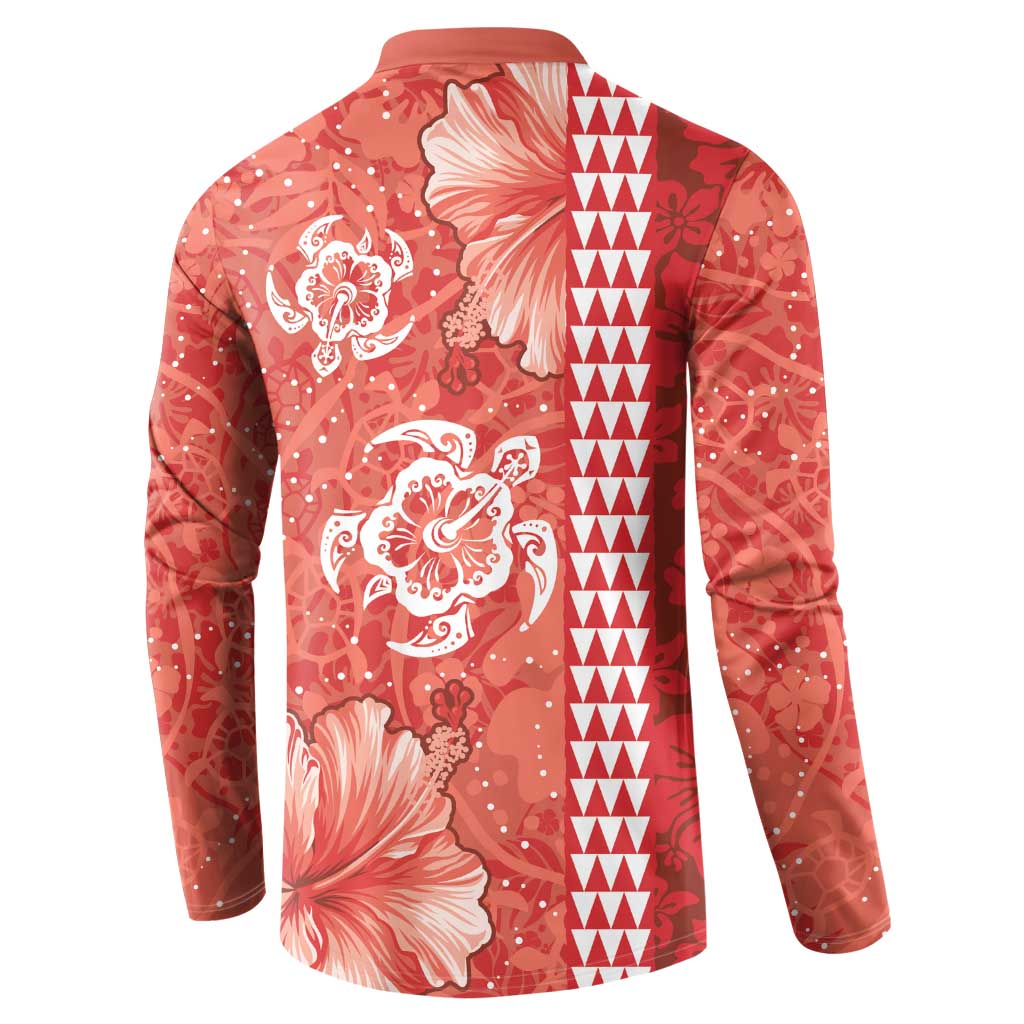 Red Hibiscus Turle Button Sweatshirt Hawaiian Style Tribal Tapa Pattern