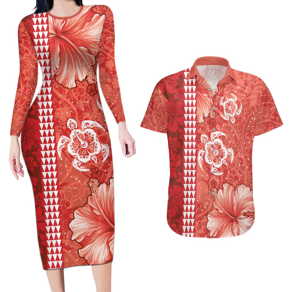 Red Hibiscus Turle Couples Matching Long Sleeve Bodycon Dress and Hawaiian Shirt Hawaiian Style Tribal Tapa Pattern