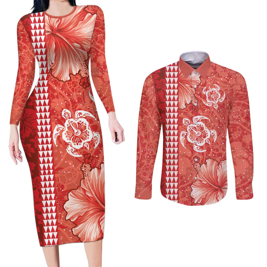 Red Hibiscus Turle Couples Matching Long Sleeve Bodycon Dress and Long Sleeve Button Shirt Hawaiian Style Tribal Tapa Pattern