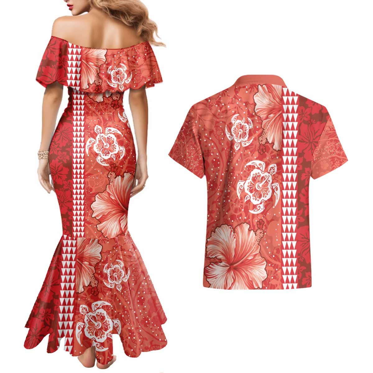 Red Hibiscus Turle Couples Matching Mermaid Dress and Hawaiian Shirt Hawaiian Style Tribal Tapa Pattern