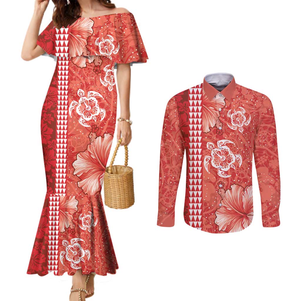 Red Hibiscus Turle Couples Matching Mermaid Dress and Long Sleeve Button Shirt Hawaiian Style Tribal Tapa Pattern