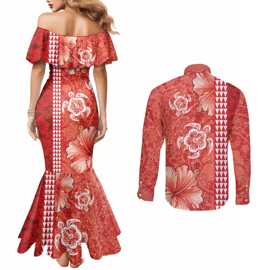 Red Hibiscus Turle Couples Matching Mermaid Dress and Long Sleeve Button Shirt Hawaiian Style Tribal Tapa Pattern