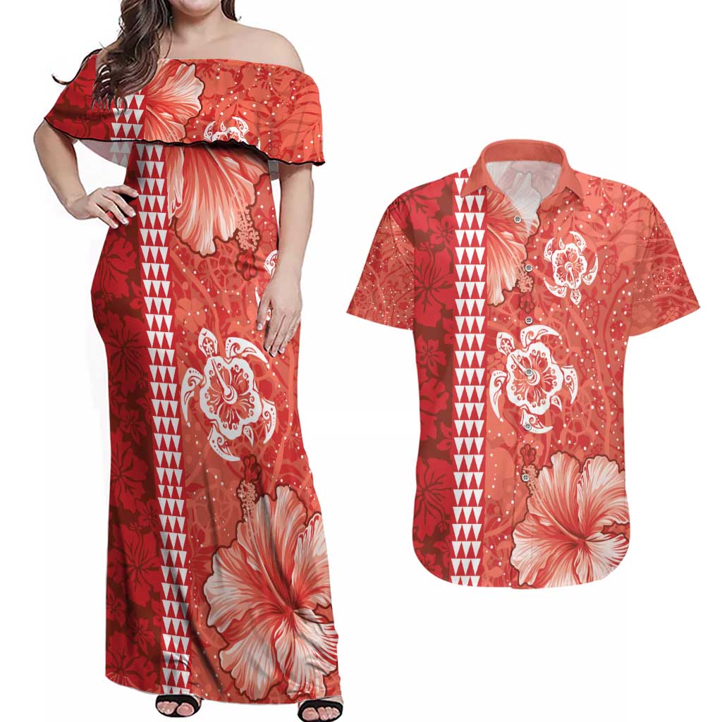 Red Hibiscus Turle Couples Matching Off Shoulder Maxi Dress and Hawaiian Shirt Hawaiian Style Tribal Tapa Pattern