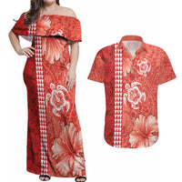 Red Hibiscus Turle Couples Matching Off Shoulder Maxi Dress and Hawaiian Shirt Hawaiian Style Tribal Tapa Pattern