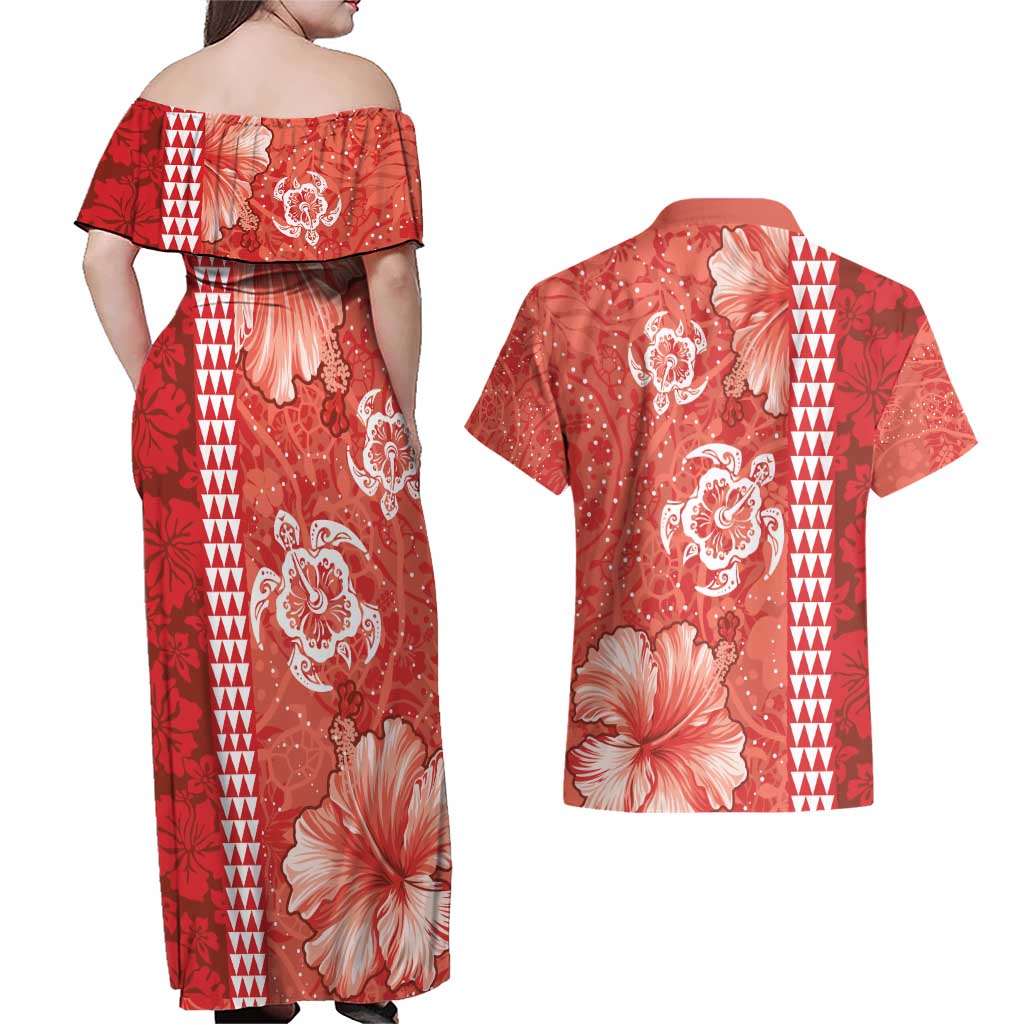 Red Hibiscus Turle Couples Matching Off Shoulder Maxi Dress and Hawaiian Shirt Hawaiian Style Tribal Tapa Pattern
