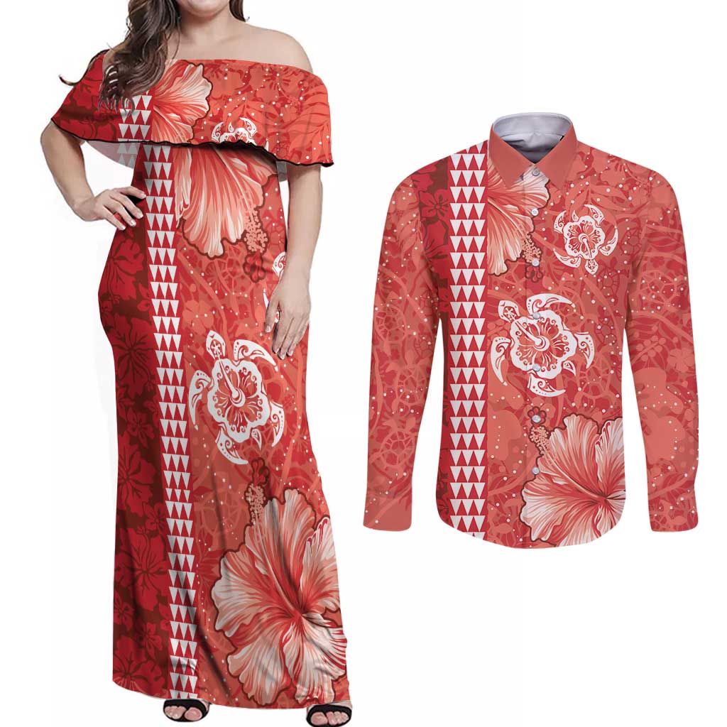 Red Hibiscus Turle Couples Matching Off Shoulder Maxi Dress and Long Sleeve Button Shirt Hawaiian Style Tribal Tapa Pattern