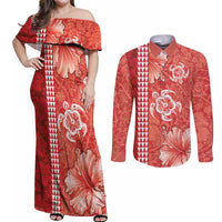 Red Hibiscus Turle Couples Matching Off Shoulder Maxi Dress and Long Sleeve Button Shirt Hawaiian Style Tribal Tapa Pattern