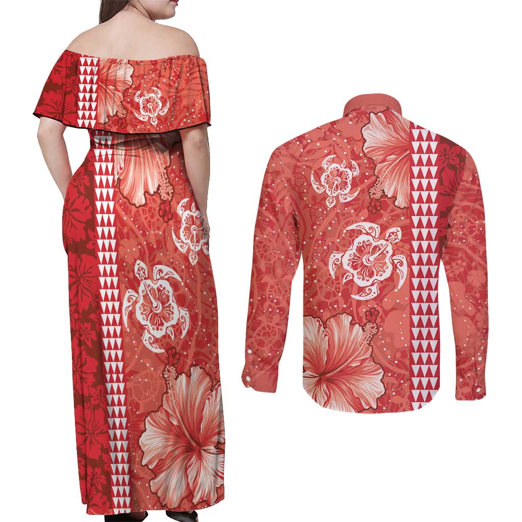 Red Hibiscus Turle Couples Matching Off Shoulder Maxi Dress and Long Sleeve Button Shirt Hawaiian Style Tribal Tapa Pattern