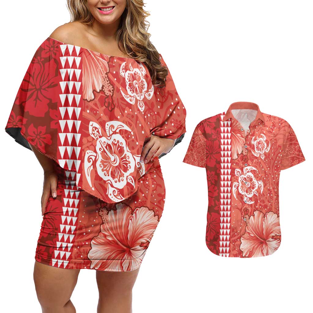 Red Hibiscus Turle Couples Matching Off Shoulder Short Dress and Hawaiian Shirt Hawaiian Style Tribal Tapa Pattern