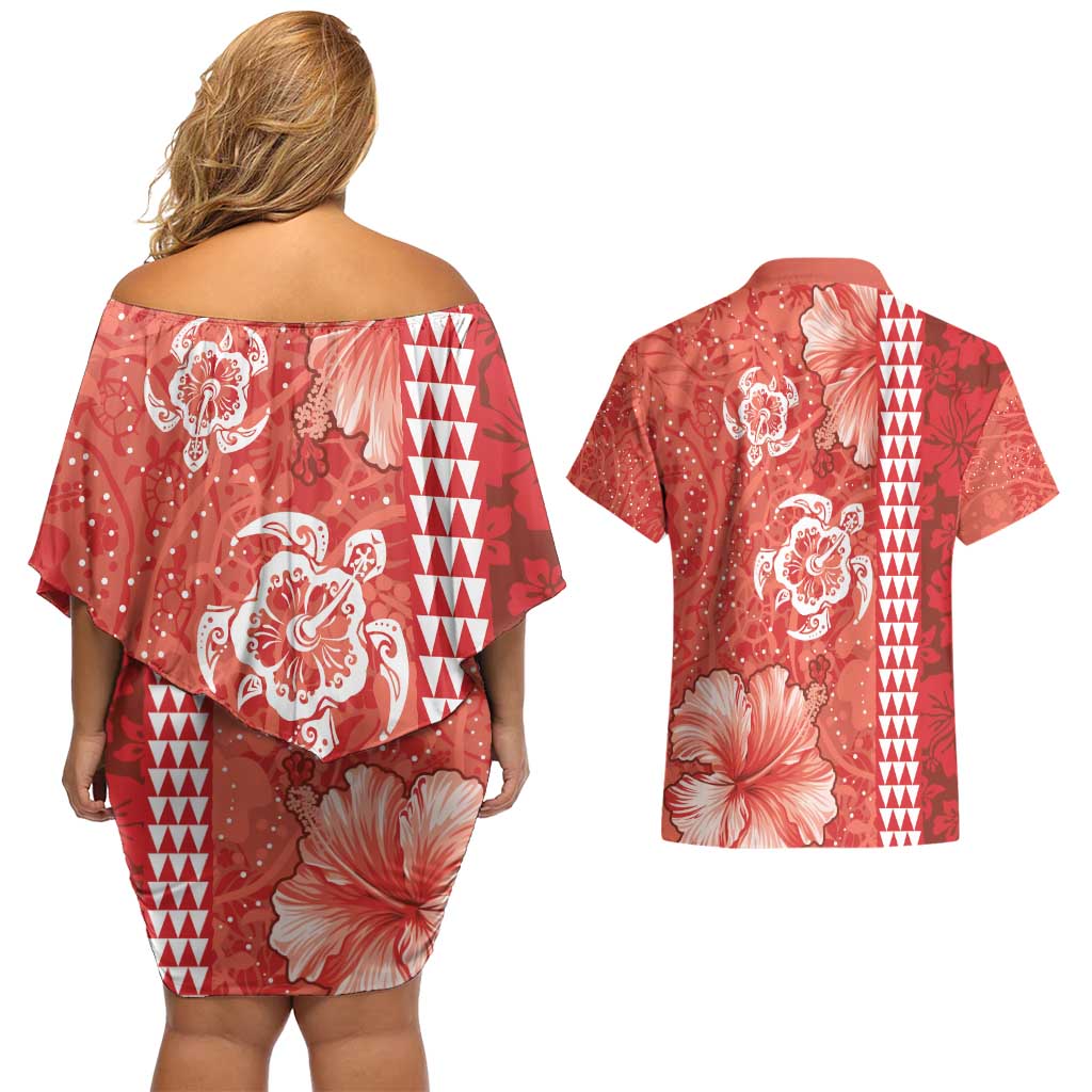 Red Hibiscus Turle Couples Matching Off Shoulder Short Dress and Hawaiian Shirt Hawaiian Style Tribal Tapa Pattern