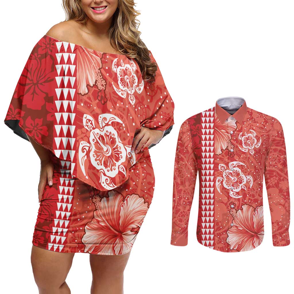 Red Hibiscus Turle Couples Matching Off Shoulder Short Dress and Long Sleeve Button Shirt Hawaiian Style Tribal Tapa Pattern