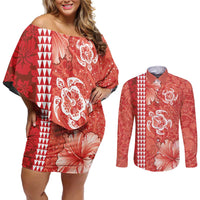 Red Hibiscus Turle Couples Matching Off Shoulder Short Dress and Long Sleeve Button Shirt Hawaiian Style Tribal Tapa Pattern