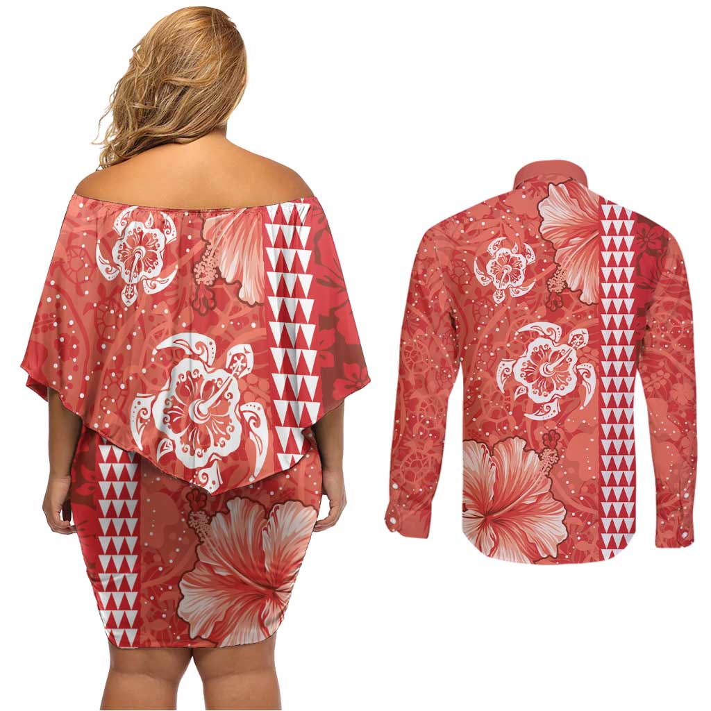 Red Hibiscus Turle Couples Matching Off Shoulder Short Dress and Long Sleeve Button Shirt Hawaiian Style Tribal Tapa Pattern