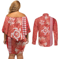 Red Hibiscus Turle Couples Matching Off Shoulder Short Dress and Long Sleeve Button Shirt Hawaiian Style Tribal Tapa Pattern