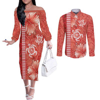 Red Hibiscus Turle Couples Matching Off The Shoulder Long Sleeve Dress and Long Sleeve Button Shirt Hawaiian Style Tribal Tapa Pattern