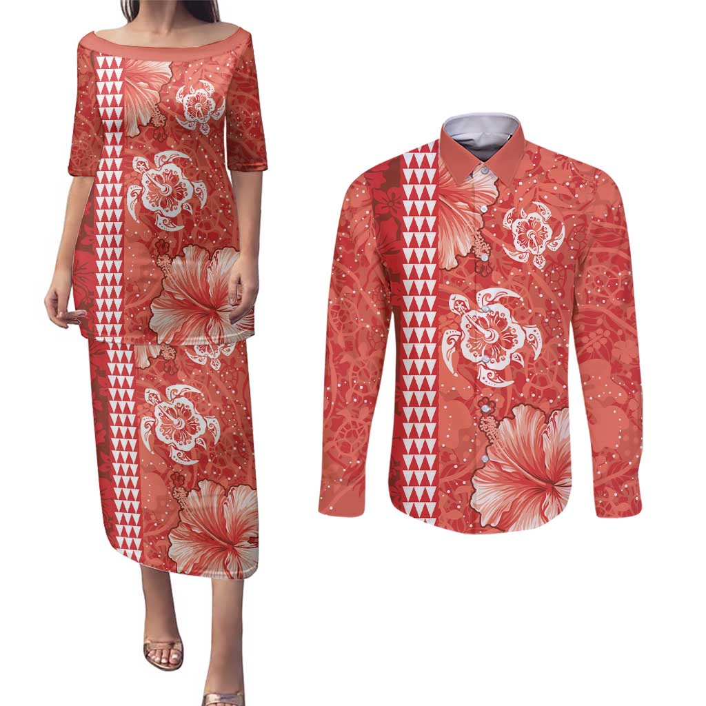 Red Hibiscus Turle Couples Matching Puletasi and Long Sleeve Button Shirt Hawaiian Style Tribal Tapa Pattern