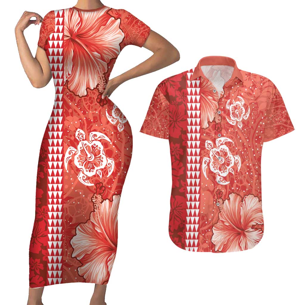 Red Hibiscus Turle Couples Matching Short Sleeve Bodycon Dress and Hawaiian Shirt Hawaiian Style Tribal Tapa Pattern