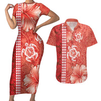 Red Hibiscus Turle Couples Matching Short Sleeve Bodycon Dress and Hawaiian Shirt Hawaiian Style Tribal Tapa Pattern