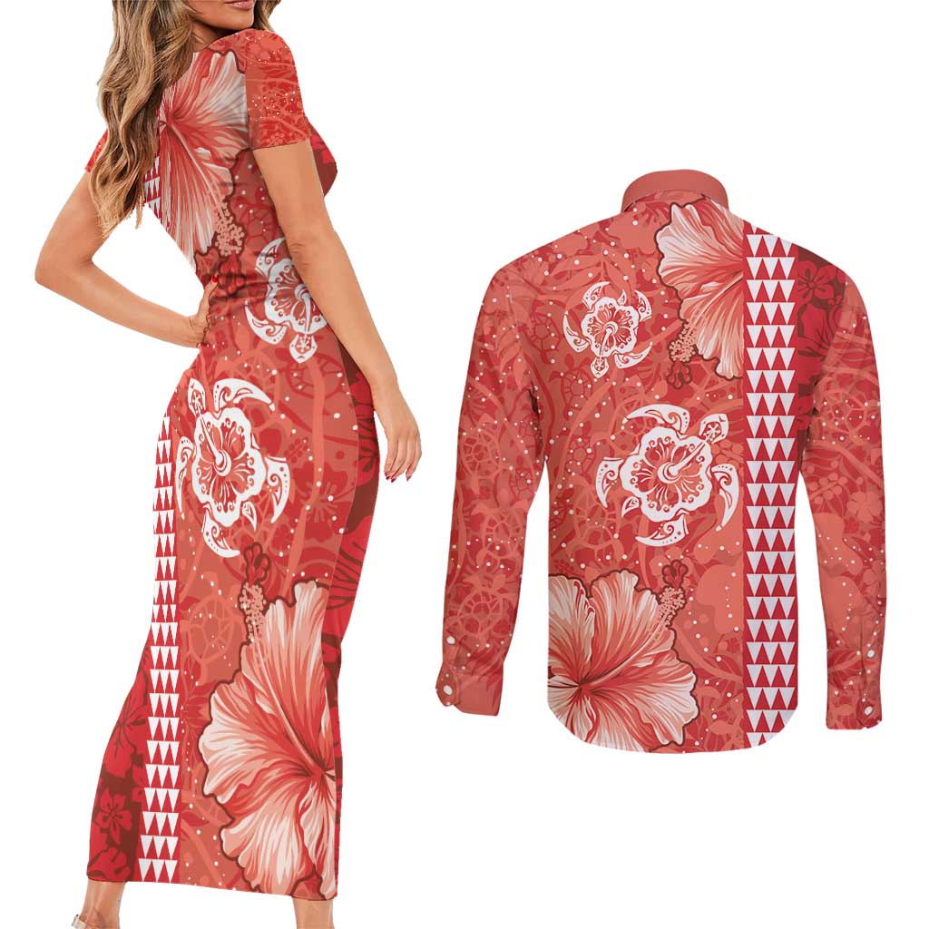 Red Hibiscus Turle Couples Matching Short Sleeve Bodycon Dress and Long Sleeve Button Shirt Hawaiian Style Tribal Tapa Pattern