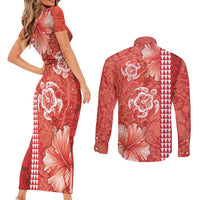 Red Hibiscus Turle Couples Matching Short Sleeve Bodycon Dress and Long Sleeve Button Shirt Hawaiian Style Tribal Tapa Pattern