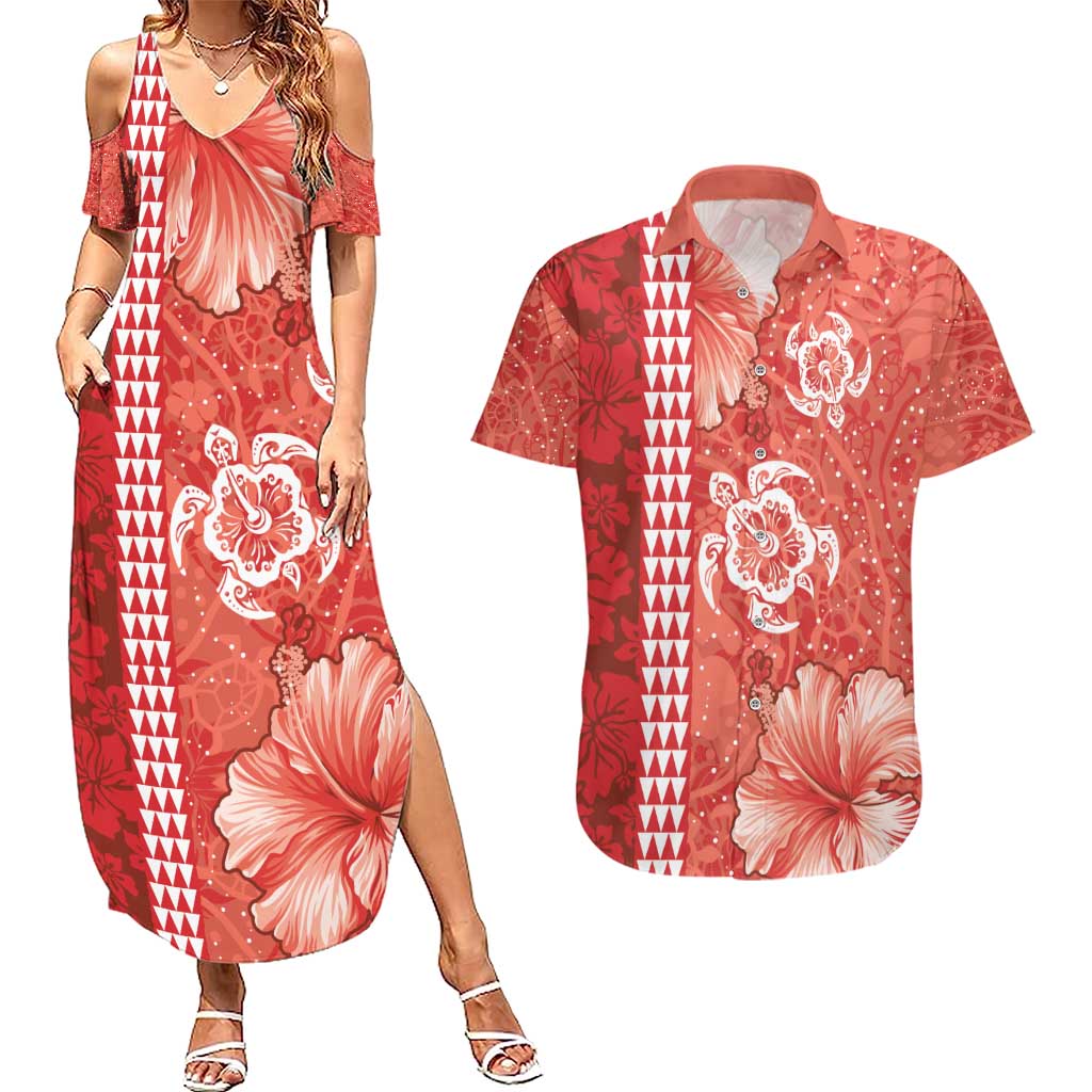Red Hibiscus Turle Couples Matching Summer Maxi Dress and Hawaiian Shirt Hawaiian Style Tribal Tapa Pattern