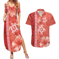 Red Hibiscus Turle Couples Matching Summer Maxi Dress and Hawaiian Shirt Hawaiian Style Tribal Tapa Pattern
