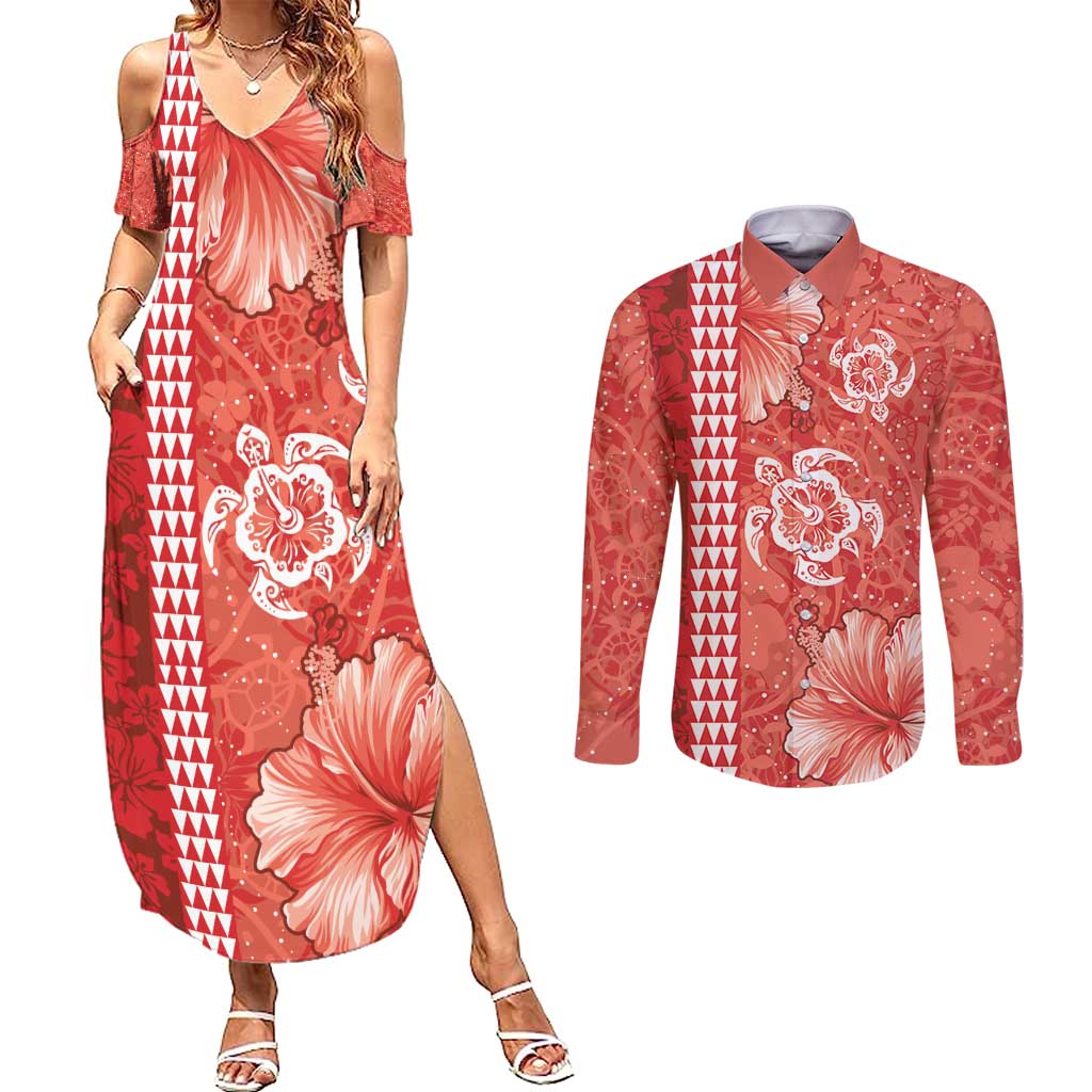 Red Hibiscus Turle Couples Matching Summer Maxi Dress and Long Sleeve Button Shirt Hawaiian Style Tribal Tapa Pattern