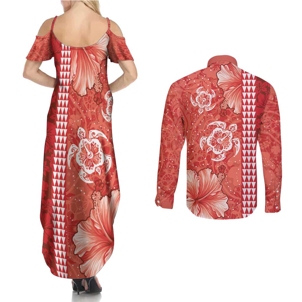 Red Hibiscus Turle Couples Matching Summer Maxi Dress and Long Sleeve Button Shirt Hawaiian Style Tribal Tapa Pattern