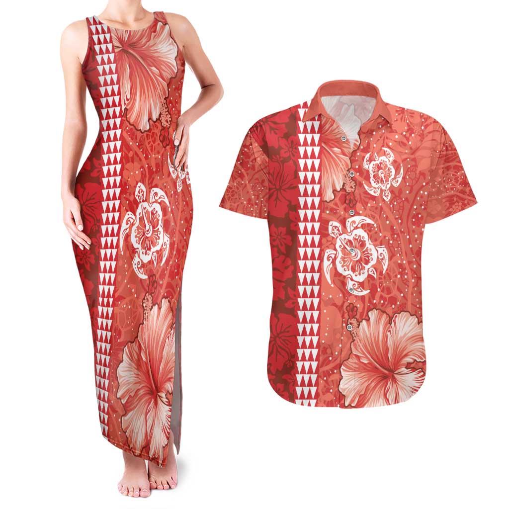 Red Hibiscus Turle Couples Matching Tank Maxi Dress and Hawaiian Shirt Hawaiian Style Tribal Tapa Pattern