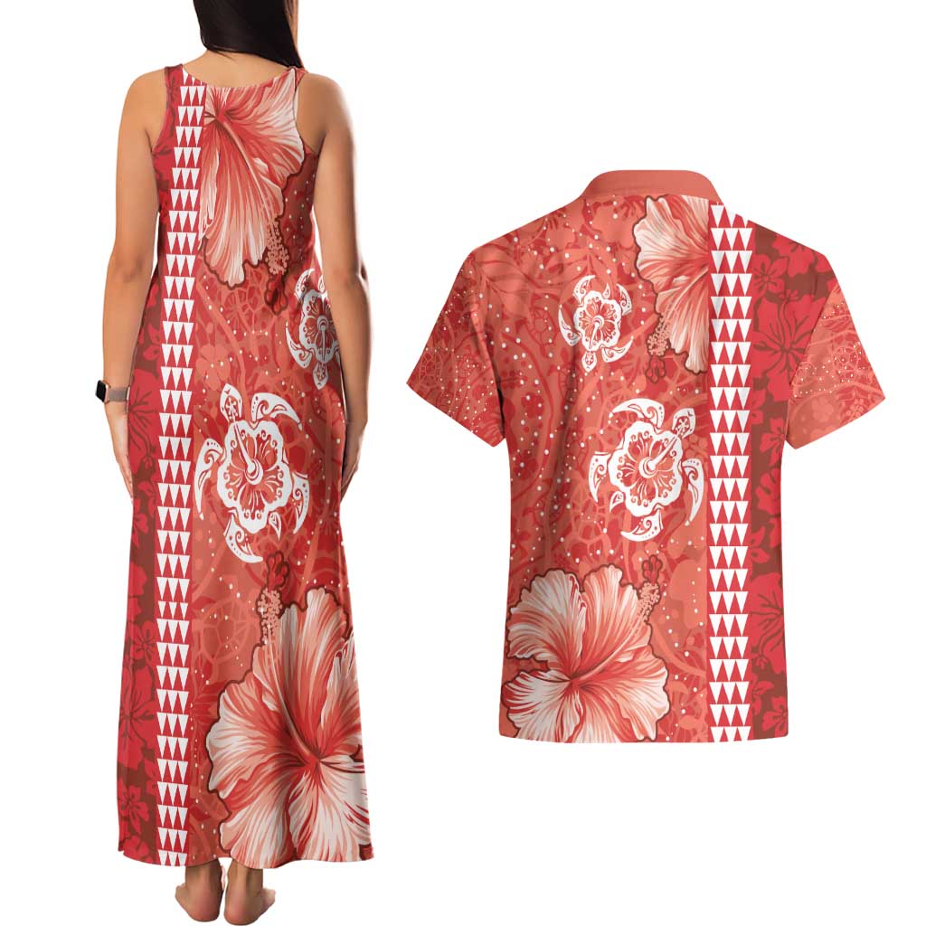 Red Hibiscus Turle Couples Matching Tank Maxi Dress and Hawaiian Shirt Hawaiian Style Tribal Tapa Pattern