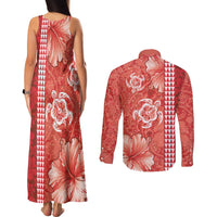 Red Hibiscus Turle Couples Matching Tank Maxi Dress and Long Sleeve Button Shirt Hawaiian Style Tribal Tapa Pattern