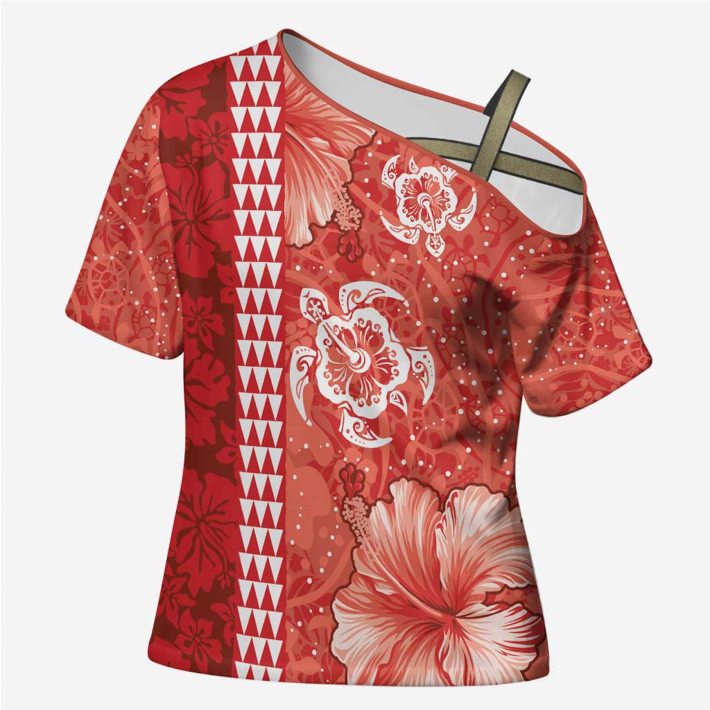 Red Hibiscus Turle Cross Shoulder Shirt Hawaiian Style Tribal Tapa Pattern - Polynesian Pride