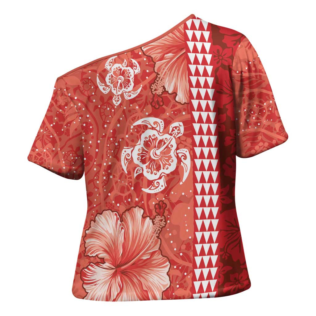 Red Hibiscus Turle Cross Shoulder Shirt Hawaiian Style Tribal Tapa Pattern - Polynesian Pride