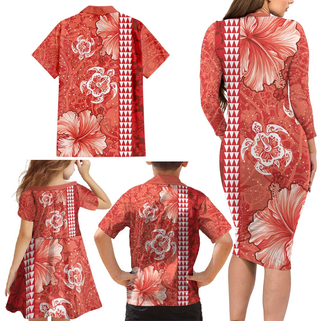 Red Hibiscus Turle Family Matching Long Sleeve Bodycon Dress and Hawaiian Shirt Hawaiian Style Tribal Tapa Pattern