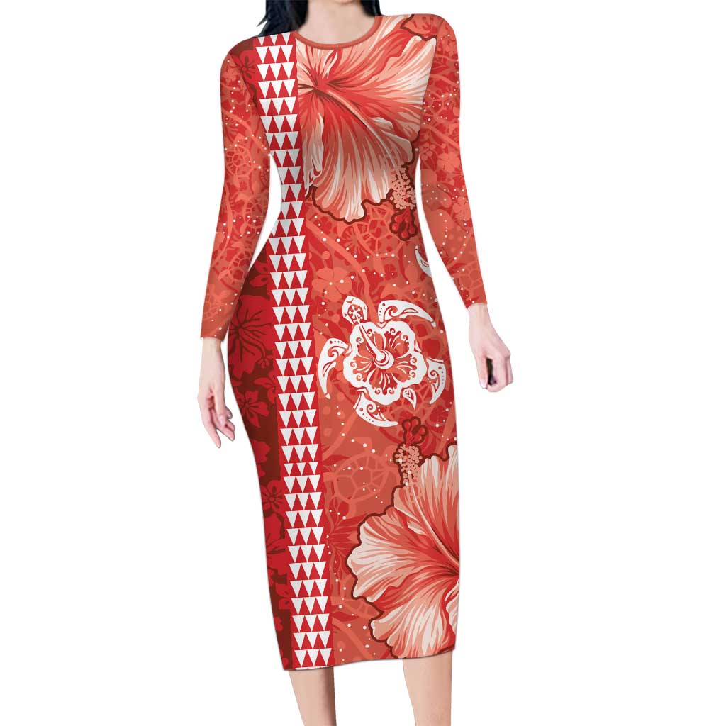 Red Hibiscus Turle Family Matching Long Sleeve Bodycon Dress and Hawaiian Shirt Hawaiian Style Tribal Tapa Pattern
