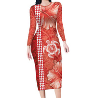 Red Hibiscus Turle Family Matching Long Sleeve Bodycon Dress and Hawaiian Shirt Hawaiian Style Tribal Tapa Pattern
