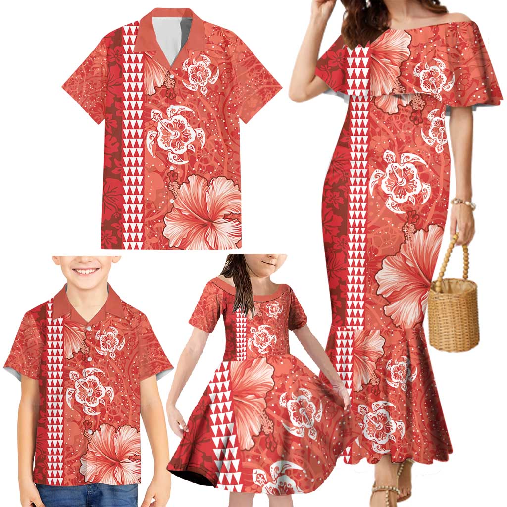 Red Hibiscus Turle Family Matching Mermaid Dress and Hawaiian Shirt Hawaiian Style Tribal Tapa Pattern