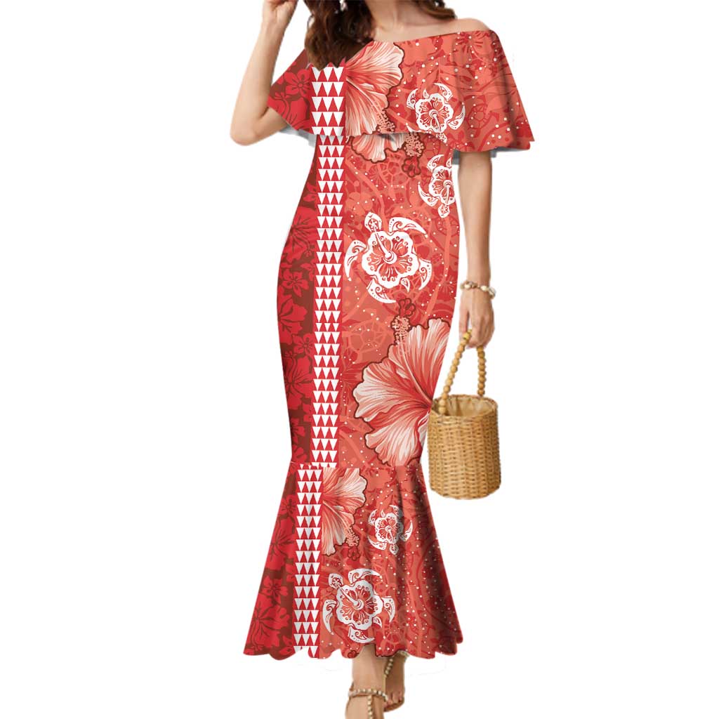 Red Hibiscus Turle Family Matching Mermaid Dress and Hawaiian Shirt Hawaiian Style Tribal Tapa Pattern