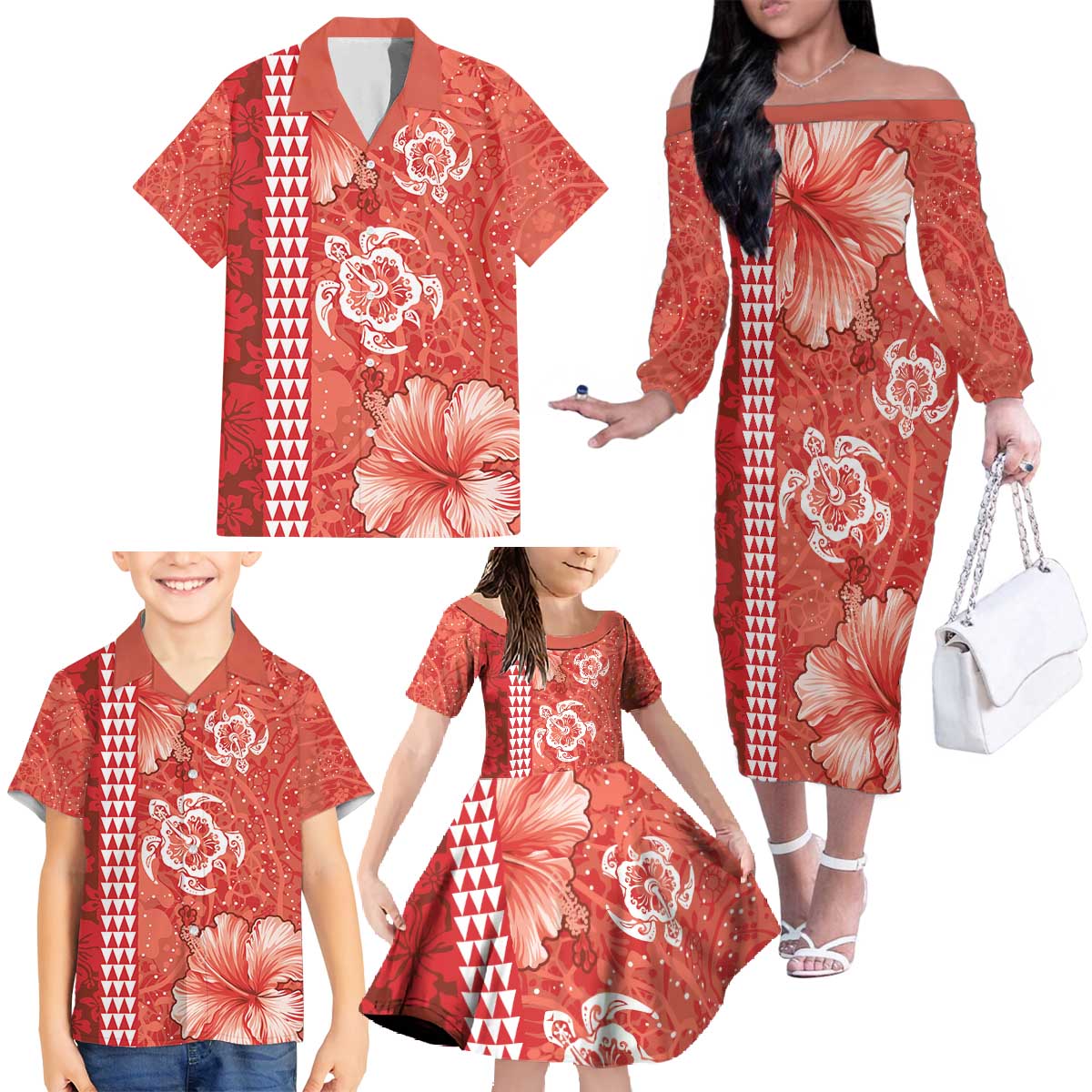 Red Hibiscus Turle Family Matching Off The Shoulder Long Sleeve Dress and Hawaiian Shirt Hawaiian Style Tribal Tapa Pattern