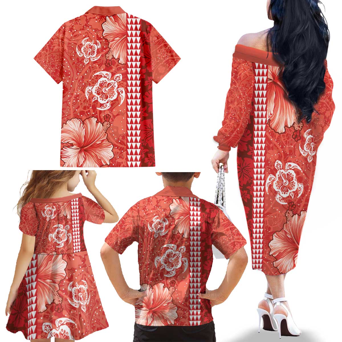 Red Hibiscus Turle Family Matching Off The Shoulder Long Sleeve Dress and Hawaiian Shirt Hawaiian Style Tribal Tapa Pattern