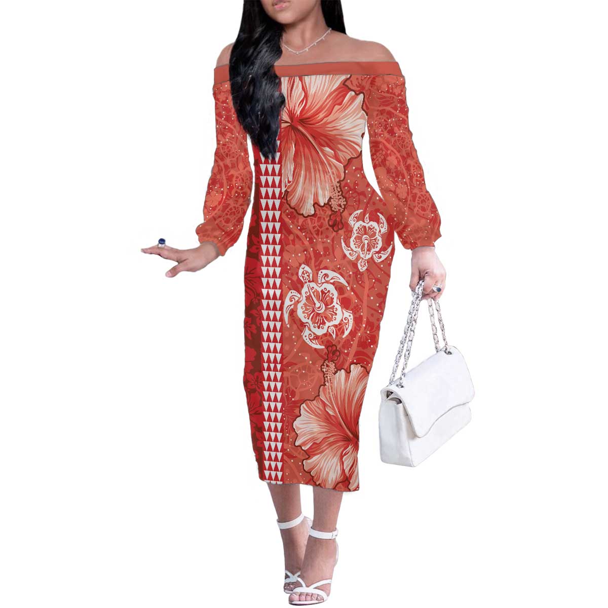 Red Hibiscus Turle Family Matching Off The Shoulder Long Sleeve Dress and Hawaiian Shirt Hawaiian Style Tribal Tapa Pattern