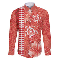 Red Hibiscus Turle Family Matching Off Shoulder Maxi Dress and Hawaiian Shirt Hawaiian Style Tribal Tapa Pattern