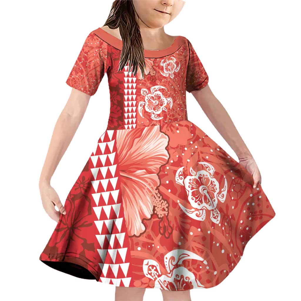 Red Hibiscus Turle Family Matching Off Shoulder Short Dress and Hawaiian Shirt Hawaiian Style Tribal Tapa Pattern