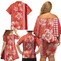 Red Hibiscus Turle Family Matching Off Shoulder Short Dress and Hawaiian Shirt Hawaiian Style Tribal Tapa Pattern