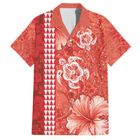 Red Hibiscus Turle Family Matching Off Shoulder Short Dress and Hawaiian Shirt Hawaiian Style Tribal Tapa Pattern